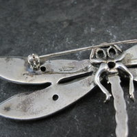 Large Sterling Silver Dragonfly Brooch with Onyx Enamel Marcasites