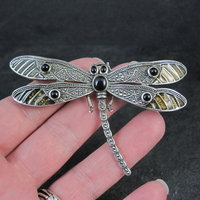 Large Sterling Silver Dragonfly Brooch with Onyx Enamel Marcasites