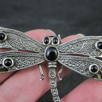 Large Sterling Silver Dragonfly Brooch with Onyx Enamel Marcasites