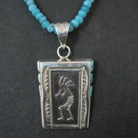 Vintage Navajo Turquoise Opal Kokopelli Pendant on Apatite Bead Necklace Leonard Jim