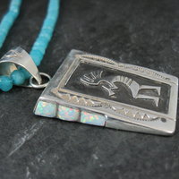 Vintage Navajo Turquoise Opal Kokopelli Pendant on Apatite Bead Necklace Leonard Jim