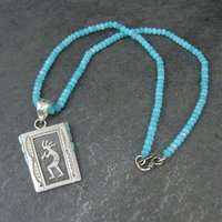Vintage Navajo Turquoise Opal Kokopelli Pendant on Apatite Bead Necklace Leonard Jim