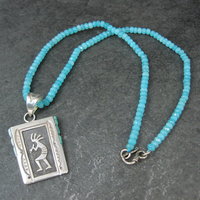 Vintage Navajo Turquoise Opal Kokopelli Pendant on Apatite Bead Necklace Leonard Jim