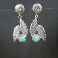 Sterling Silver Floral Feather Earrings Turquoise Glass