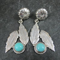 Sterling Silver Floral Feather Earrings Turquoise Glass