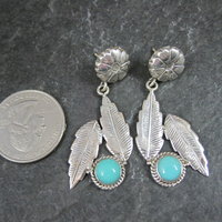 Sterling Silver Floral Feather Earrings Turquoise Glass