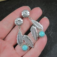 Sterling Silver Floral Feather Earrings Turquoise Glass