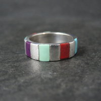 Vintage Inlaid Band Ring Southwestern Sterling Silver Size 7