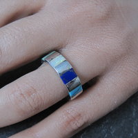 Vintage Inlaid Band Ring Southwestern Sterling Silver Size 7