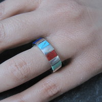Vintage Inlaid Band Ring Southwestern Sterling Silver Size 7