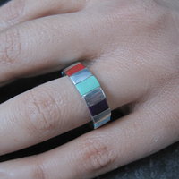 Vintage Inlaid Band Ring Southwestern Sterling Silver Size 7