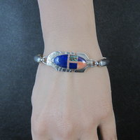 Vintage Navajo Inlaid Feather Bracelet 7 Inches G Howe