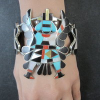 Vintage Zuni Turquoise Coral Inlay Knifewing Cuff Bracelet Annalee Tekala