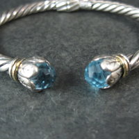 Sterling Silver & 18K Yellow Gold Bangle Bracelet Faceted Topaz Briolettes 6.75"