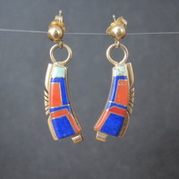 Vintage 14K Lapis Lazuli and Coral Inlay Earrings Native American Navajo