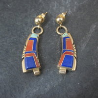 Vintage 14K Lapis Lazuli and Coral Inlay Earrings Native American Navajo