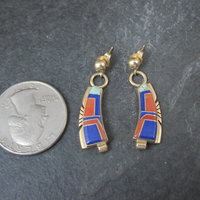 Vintage 14K Lapis Lazuli and Coral Inlay Earrings Native American Navajo
