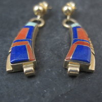 Vintage 14K Lapis Lazuli and Coral Inlay Earrings Native American Navajo