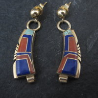 Vintage 14K Lapis Lazuli and Coral Inlay Earrings Native American Navajo