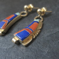 Vintage 14K Lapis Lazuli and Coral Inlay Earrings Native American Navajo