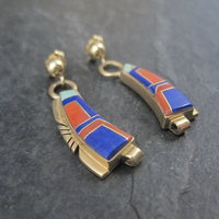 Vintage 14K Lapis Lazuli and Coral Inlay Earrings Native American Navajo