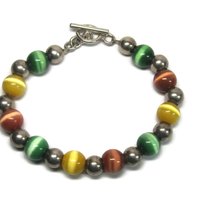 Chunky Vintage Sterling Cats Eye Bead Toggle Bracelet 7.5 Inches