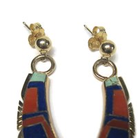 Vintage 14K Lapis Lazuli and Coral Inlay Earrings Native American Navajo