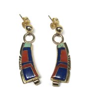 Vintage 14K Lapis Lazuli and Coral Inlay Earrings Native American Navajo