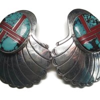 Large Vintage Sterling Navajo Turquoise Coral Inlay Earrings