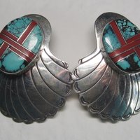 Large Vintage Sterling Navajo Turquoise Coral Inlay Earrings