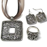 Vintage 90s Filigree Jewelry Set Sterling Necklace Earrings Ring Size 7