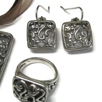 Vintage 90s Filigree Jewelry Set Sterling Necklace Earrings Ring Size 7