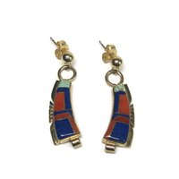 Vintage 14K Lapis Lazuli and Coral Inlay Earrings Native American Navajo