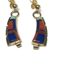 Vintage 14K Lapis Lazuli and Coral Inlay Earrings Native American Navajo