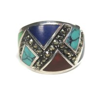 Wide Vintage Marcasite Inlay Band Ring Sterling Size 8