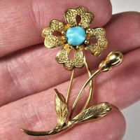 Vintage 14K Turquoise Flower Brooch