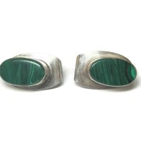 Vintage Mexican Sterling Malachite Clip On Earrings