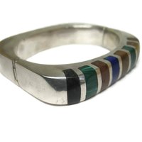 Heavy Mexican Sterling Inlaid Bangle Bracelet