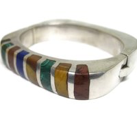 Heavy Mexican Sterling Inlaid Bangle Bracelet