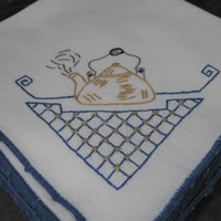 Vintage Hand Embroidered Teapot Napkins Blue White Gold Set of 4