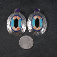 Large Vintage Southwestern Turquoise Spiny Oyster Inlay Earrings