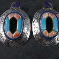 Large Vintage Southwestern Turquoise Spiny Oyster Inlay Earrings