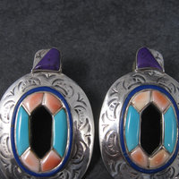 Large Vintage Southwestern Turquoise Spiny Oyster Inlay Earrings