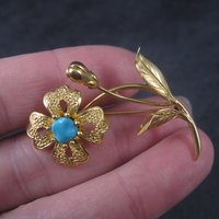 Vintage 14K Turquoise Flower Brooch