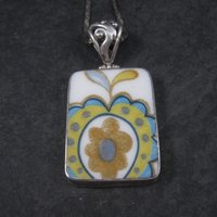 Vintage Sterling Floral Pottery Pendant Necklace