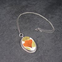 Vintage Sterling 70s Floral Pottery Pendant Necklace
