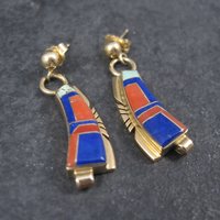 Vintage 14K Lapis Lazuli and Coral Inlay Earrings Native American Navajo