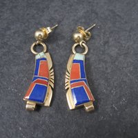 Vintage 14K Lapis Lazuli and Coral Inlay Earrings Native American Navajo