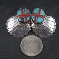 Large Vintage Sterling Navajo Turquoise Coral Inlay Earrings