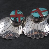 Large Vintage Sterling Navajo Turquoise Coral Inlay Earrings